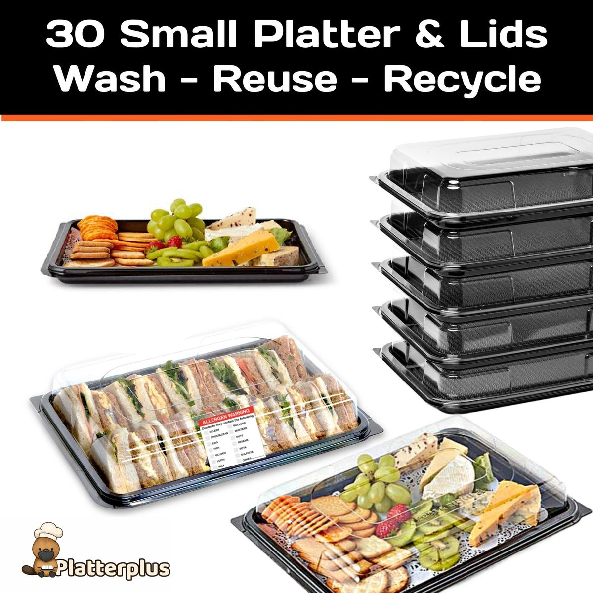 30 Small Black Buffet Platters + 30 Clear Lids Reusable & Recyclable