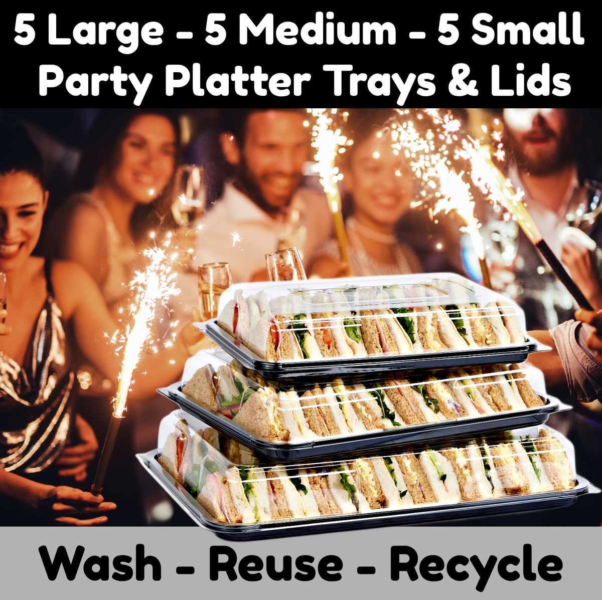 Set of 15 mixed buffet platter trays with lids in large, medium, and small sizes from Platterplus, ideal for party food display.