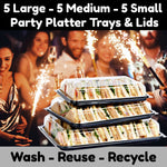 Set of 15 mixed buffet platter trays with lids in large, medium, and small sizes from Platterplus, ideal for party food display.