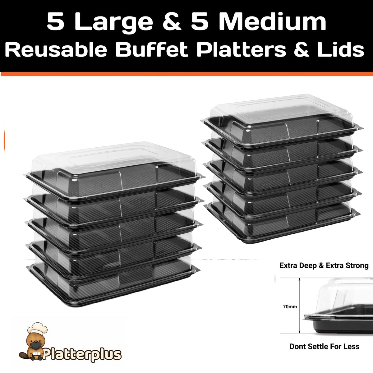 Set of five large and five medium buffet platter trays with lids by Platterplus, ideal for serving and presentation.