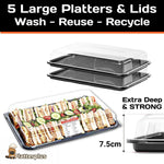 Five large black plastic food trays with clear lids shown on a white background, with text reading '5 Large Platters & Lids Wash - Reuse - Recycle,' 'Extra Deep & STRONG,' and a dimension marking of 7.5cm.