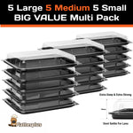 Set of 15 Platterplus party buffet platter trays with lids, including 5 large, 5 medium, and 5 small trays for catering.