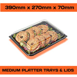 Set of 30 Platterplus Party Platter Sets with lids, including 10 large, 10 medium, and 10 small sandwich platters displayed on a table.