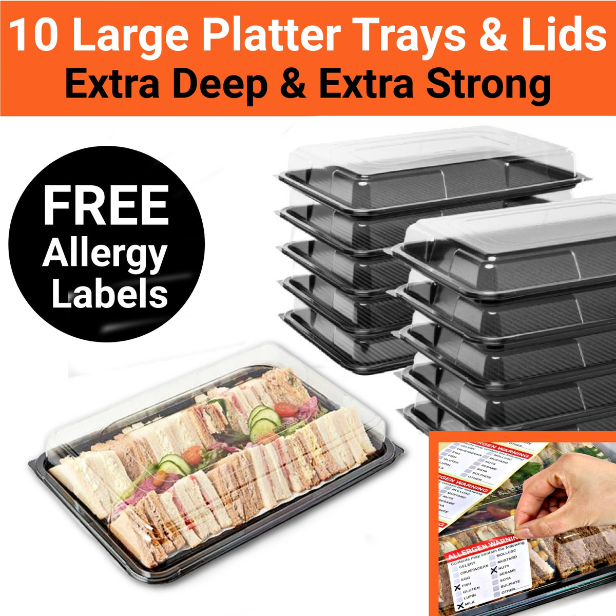 10 Large Serving Platter Trays + 10 Large Lids PLUS 10 Allergy Labels