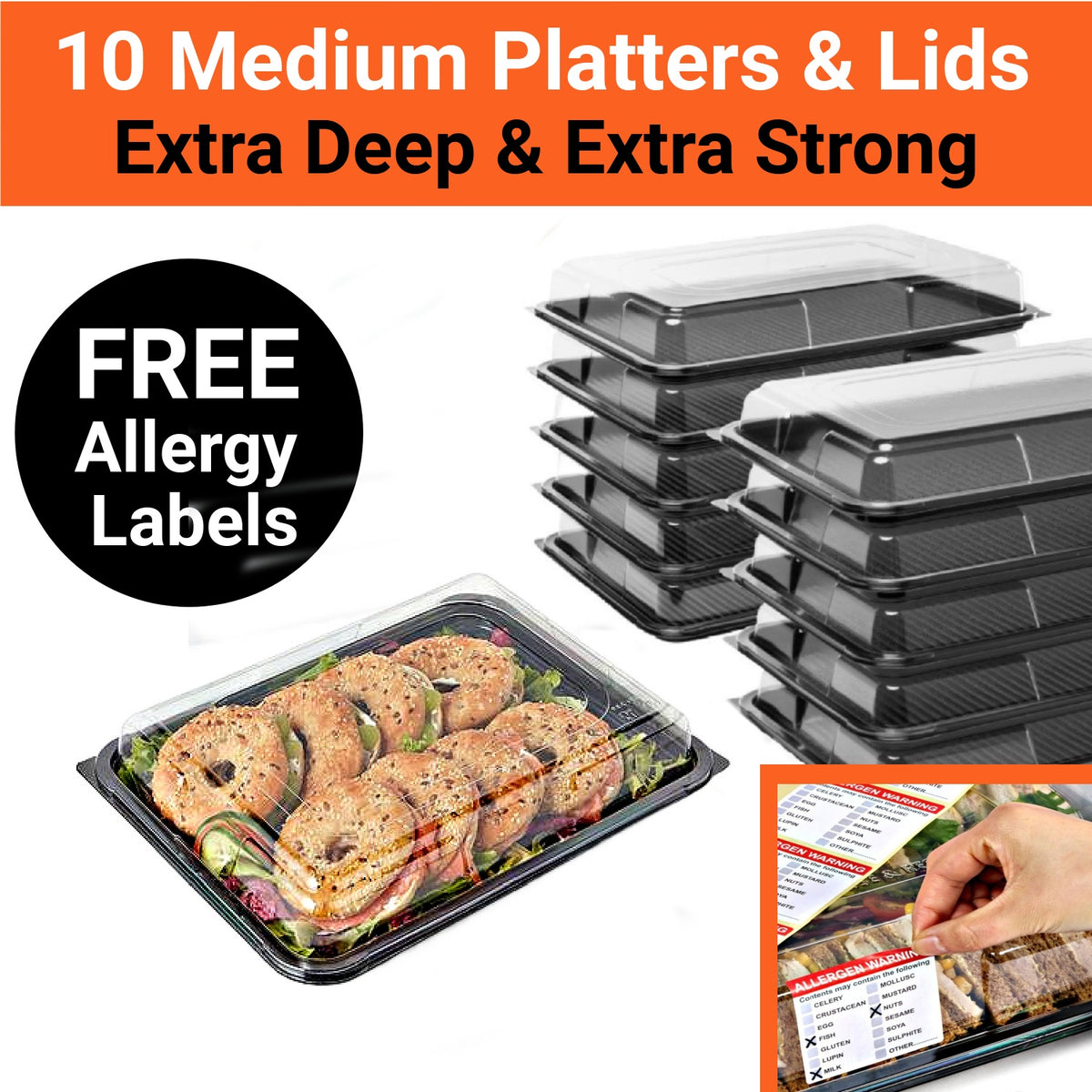 10 Medium Food Platter Trays + 10 Clear Lids