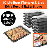 10 Medium Food Platter Trays + 10 Clear Lids