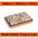 Set of 30 Platterplus party sandwich platter sets with lids, including 10 large, 10 medium, and 10 small platters for catering.