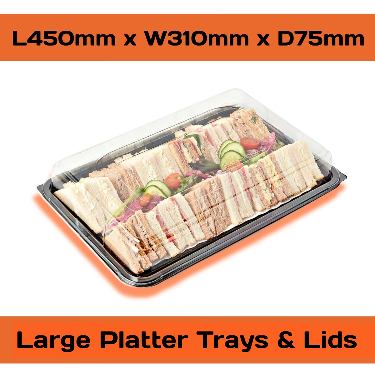 Large Platterplus Combi Sandwich Platters with lids, showing three sizes: large, medium, and small, for party serving.