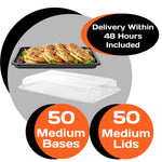 Platterplus bumper box with 50 medium catering platter trays and 50 clear lids, showcasing stacked trays and transparent lids.
