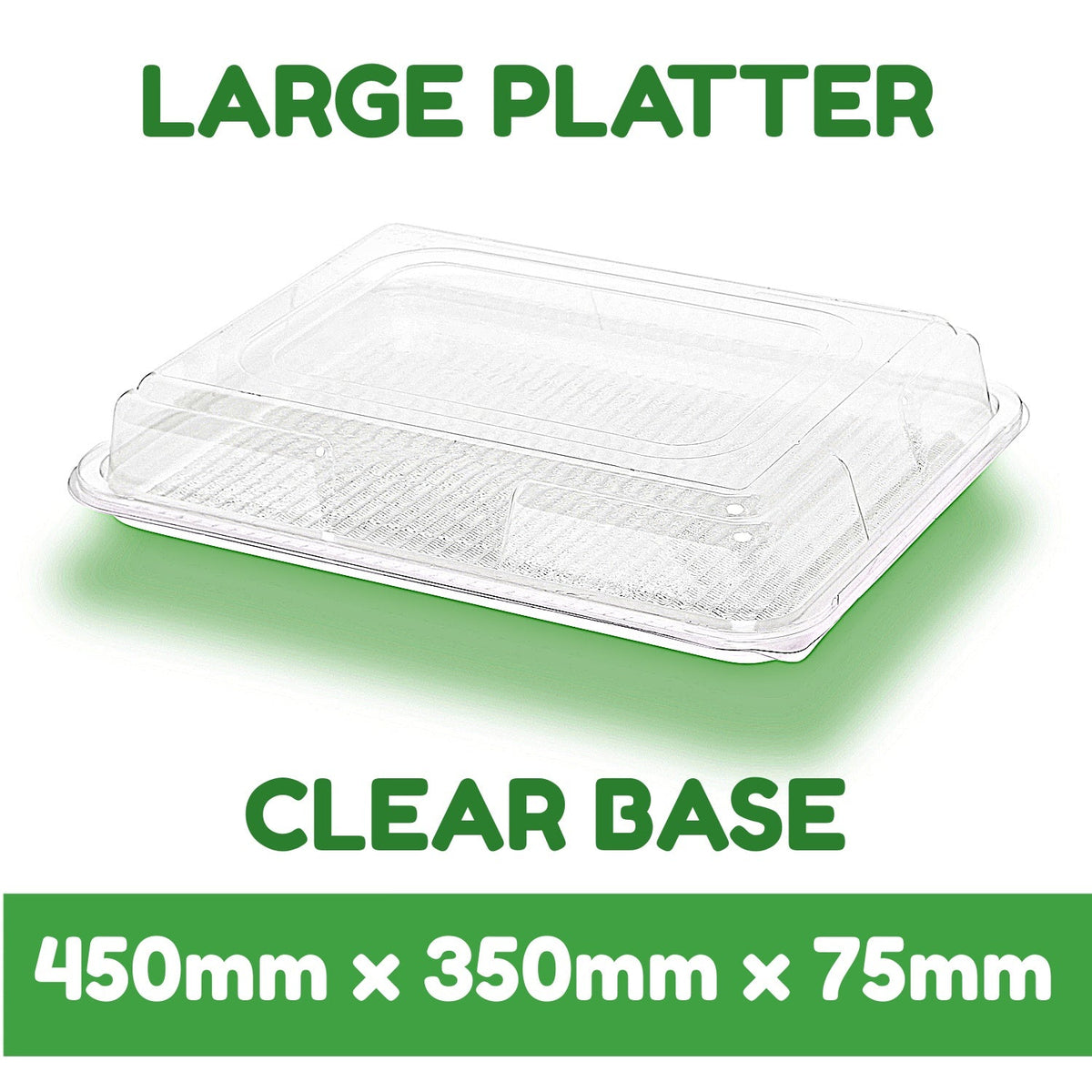 Set of 10 clear large base platters with matching clear lids and peelable allergy labels from Platterplus, ideal for food presentation.