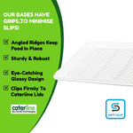 Set of 10 clear large base platters with matching lids, plus 10 peelable allergy labels, by Platterplus for food presentation.