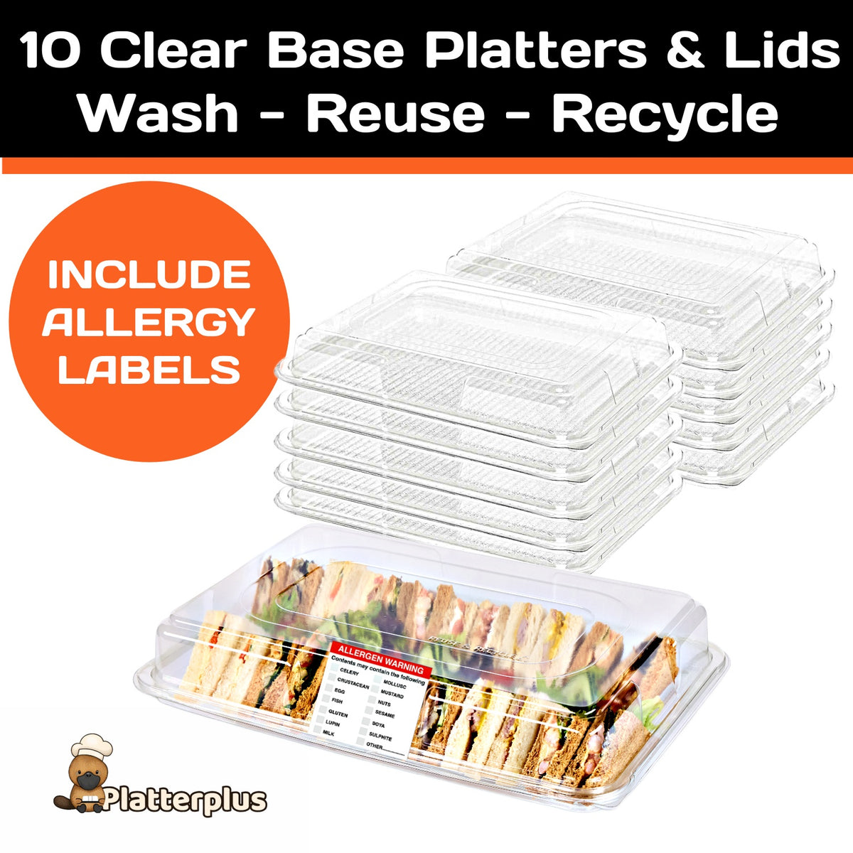 Set of 10 clear large base platters with lids and 10 peelable allergy labels by Platterplus, ideal for food presentation and safety.