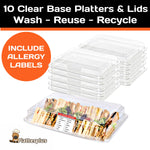 Set of 10 clear large base platters with lids and 10 peelable allergy labels by Platterplus, ideal for food presentation and safety.