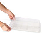 Set of 10 clear large base platters with lids and peelable allergy labels from Platterplus, ideal for serving and food display.