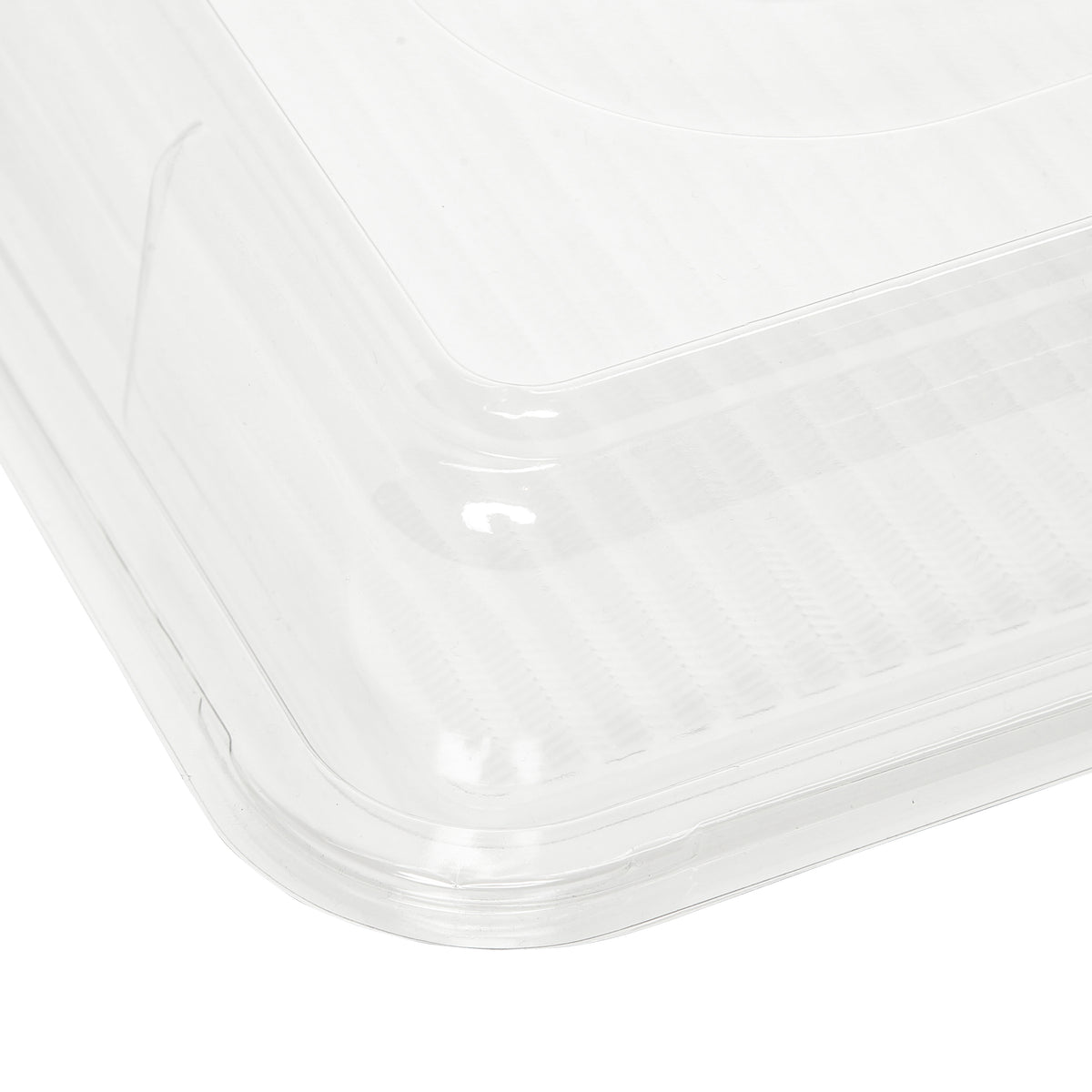Set of 10 clear large base Platters with matching clear lids and peelable allergy labels by Platterplus, perfect for food presentation.