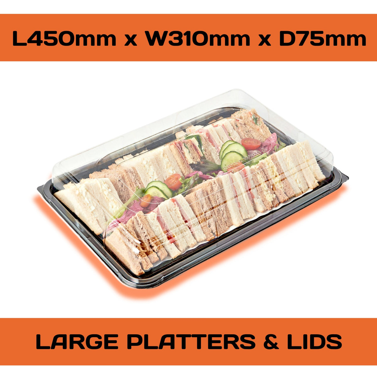 Set of five Platterplus party platter trays with clear lids, ideal for serving appetizers and snacks at gatherings.