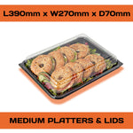 Set of 15 Platterplus buffet platter trays with lids, including 5 large, 5 medium, and 5 small trays for party food display.