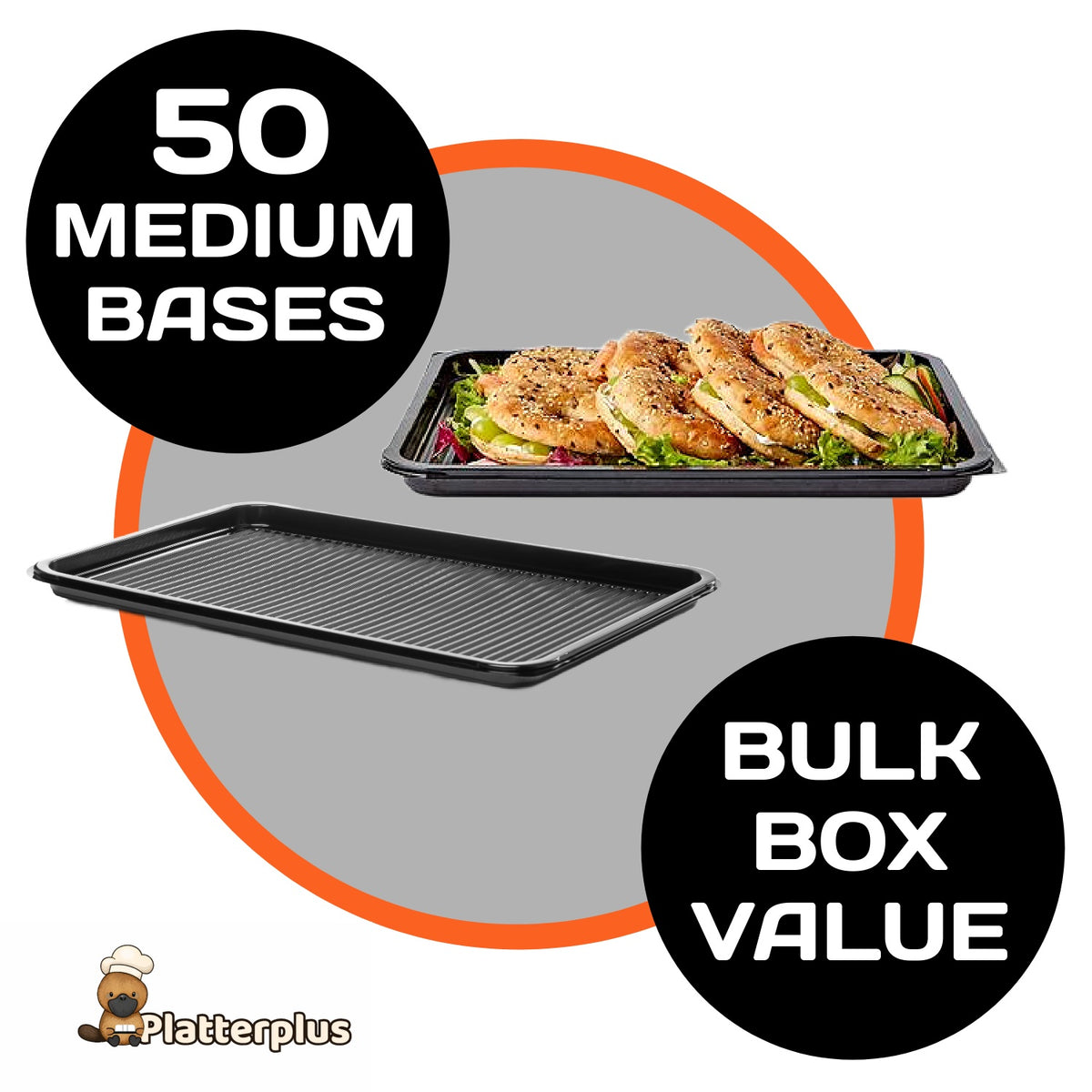 Set of 50 medium Platterplus tray bases for serving or pairing with medium platter lids, ideal for catering and event use