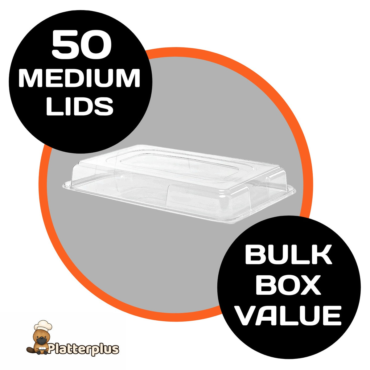 50 Platterplus medium platter lids for use with medium platter bases, shown in a bulk pack for versatile food presentation.