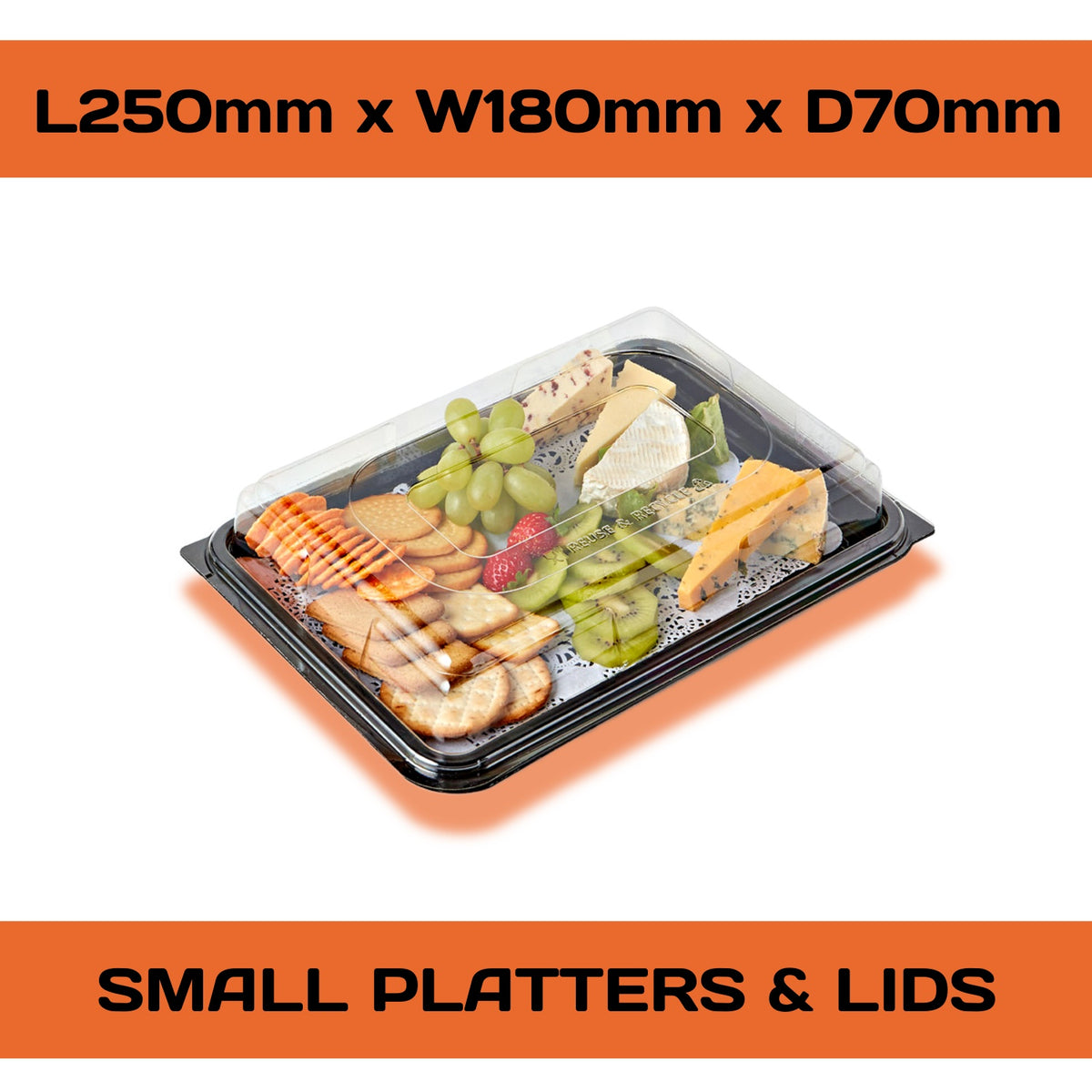 Set of 15 mixed buffet platter trays with clear lids from Platterplus, including large, medium, and small eco-friendly catering bases