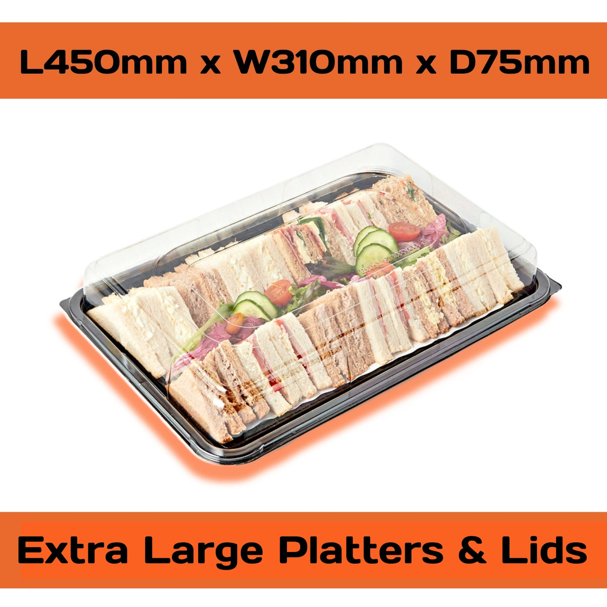 Set of 10 large serving platters with extra-large lids and a free 6-cavity tray by Platterplus for catering and food presentation.