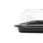 Large black reusable plastic sandwich platter trays with matching lids from Platterplus Bumper Box, set includes 50 trays and 50 lids.