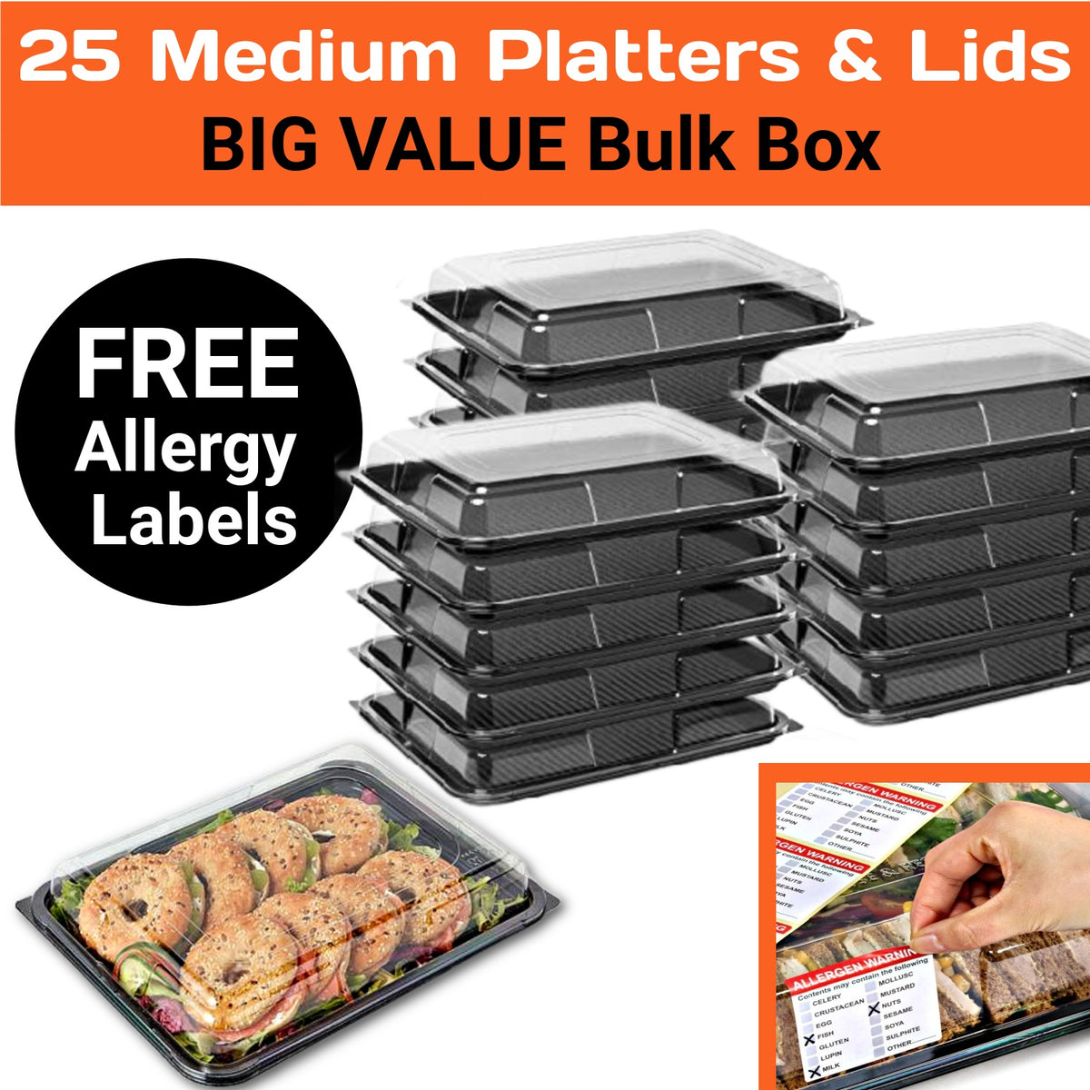 BIG VALUE - 25 Medium Black Buffet Platters + 25 Clear Lids - Reuse & Recycle