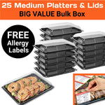 BIG VALUE - 25 Medium Black Buffet Platters + 25 Clear Lids - Reuse & Recycle