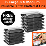5 Large & 5 Medium Buffet Platter Trays & Lids + Allergy Labels
