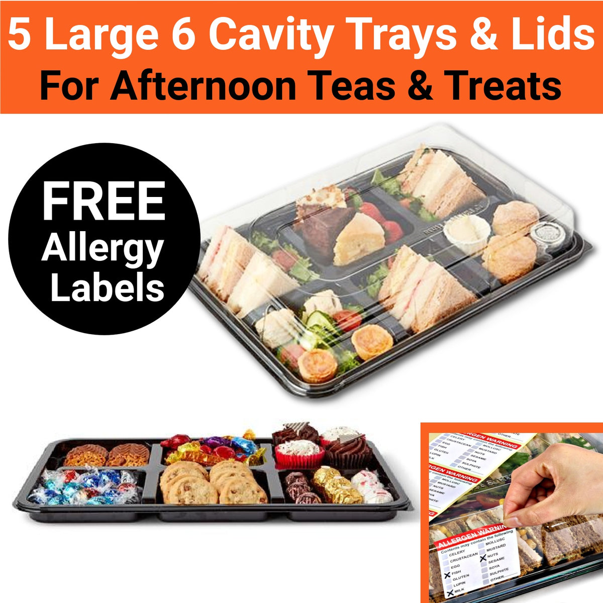 5 x 6 Cavity Platters Trays & Clear Lids PLUS 5 Allergy Labels