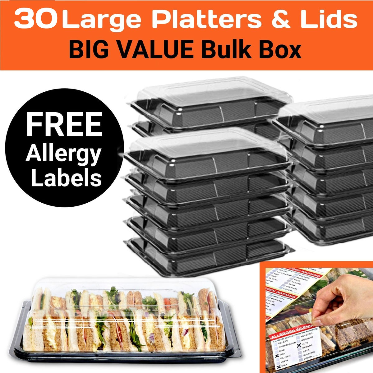 BIG VALUE - 30 Large Sandwich Platter Trays & 30 Clear Lids. Reuse & Recycle